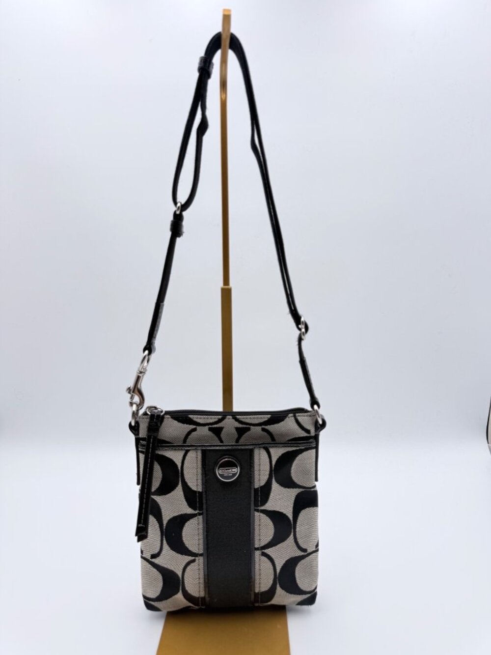 Coach Women’s Black/Gray logo Canvas Crossbody Bag Adjustable Strap Designer Zip